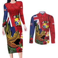 Hawaii And Tonga Couples Matching Long Sleeve Bodycon Dress and Long Sleeve Button Shirt Shark Tattoo With Tongan Coat Of Arms