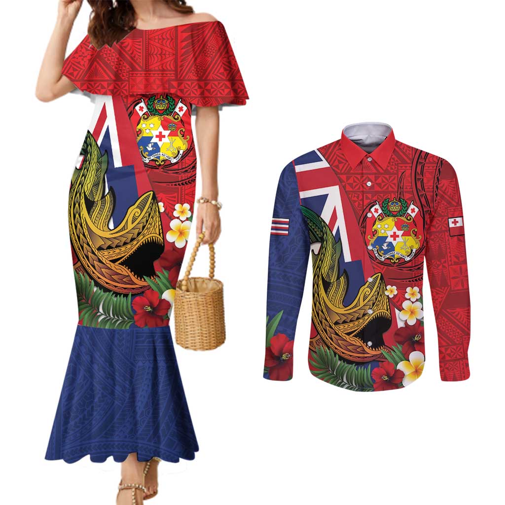 Hawaii And Tonga Couples Matching Mermaid Dress and Long Sleeve Button Shirt Shark Tattoo With Tongan Coat Of Arms