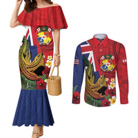 Hawaii And Tonga Couples Matching Mermaid Dress and Long Sleeve Button Shirt Shark Tattoo With Tongan Coat Of Arms