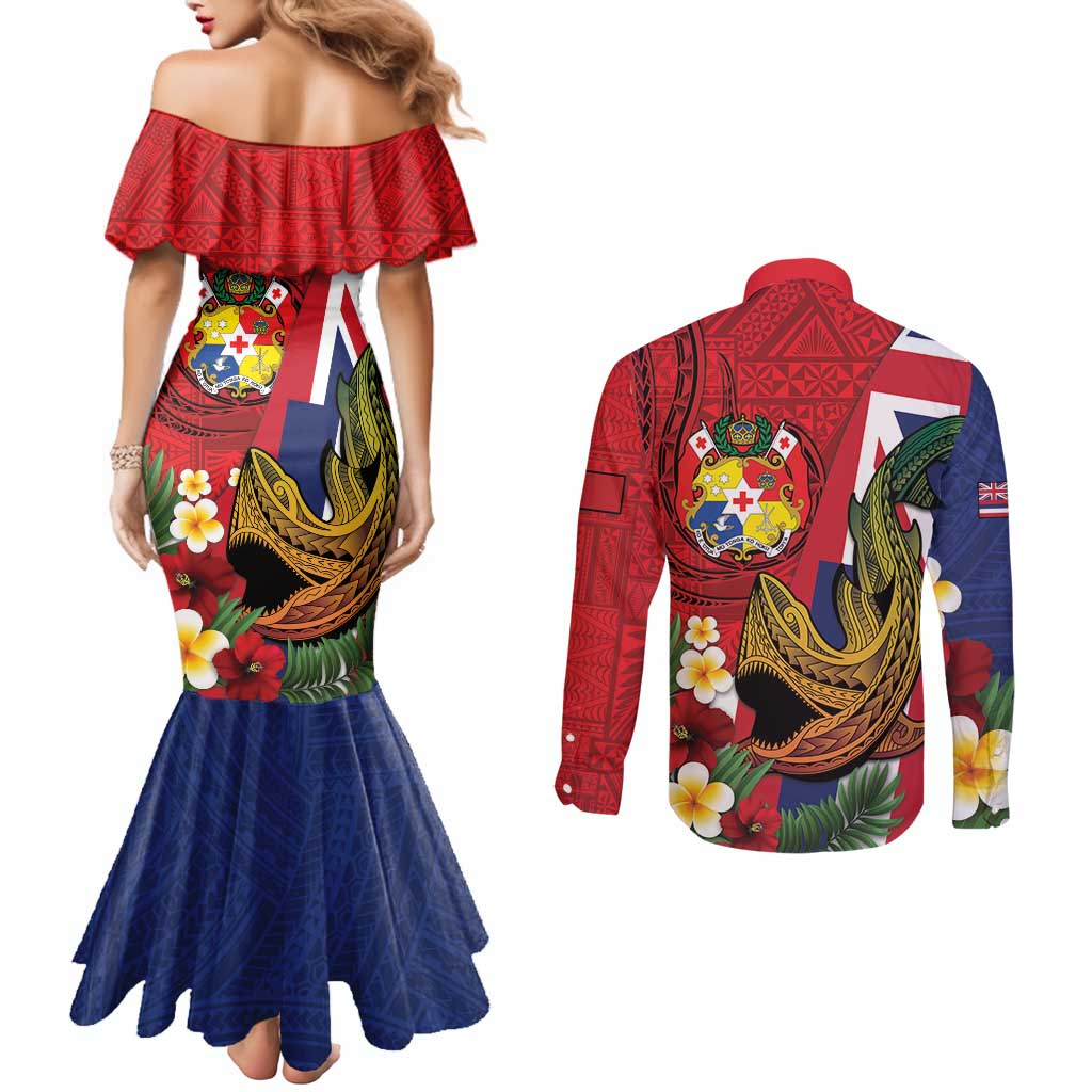 Hawaii And Tonga Couples Matching Mermaid Dress and Long Sleeve Button Shirt Shark Tattoo With Tongan Coat Of Arms