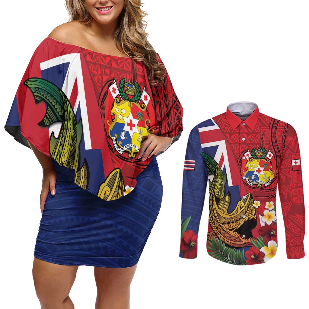 Hawaii And Tonga Couples Matching Off Shoulder Short Dress and Long Sleeve Button Shirt Shark Tattoo With Tongan Coat Of Arms