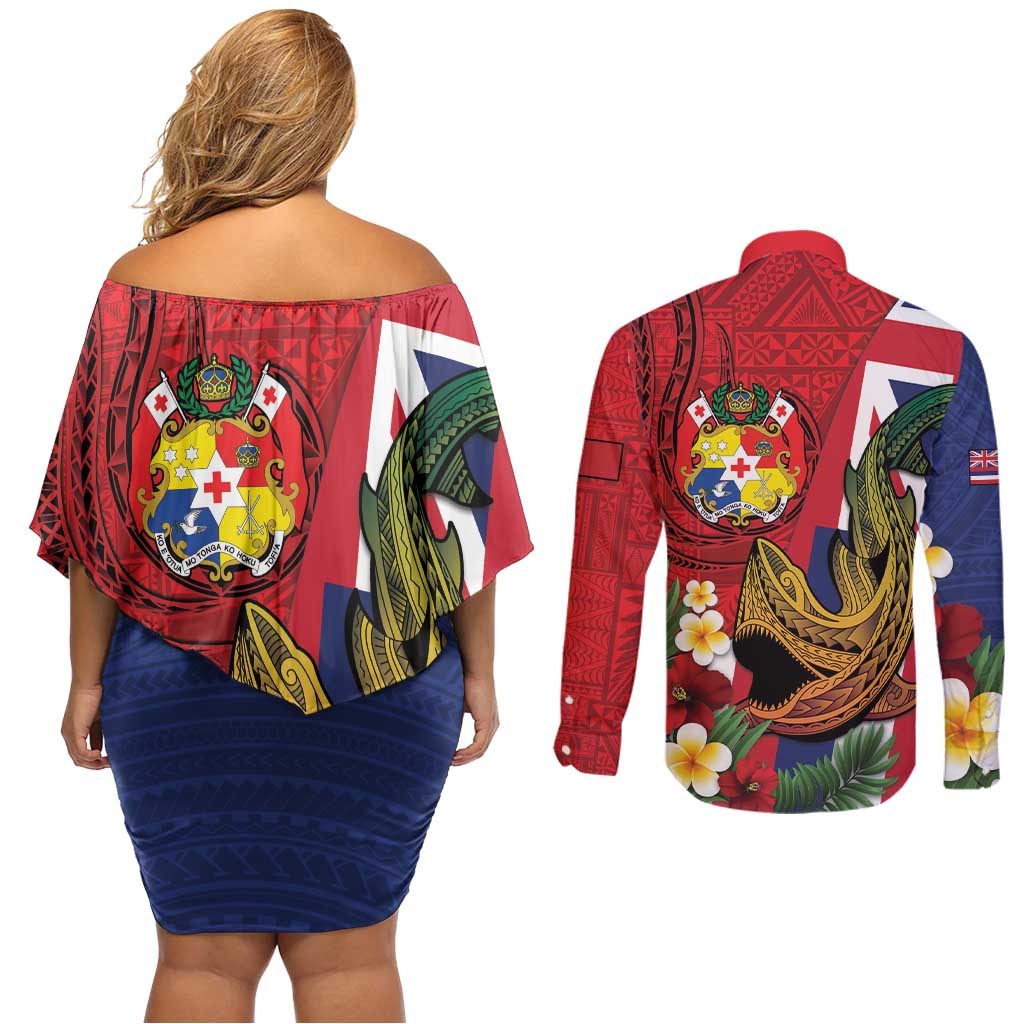 Hawaii And Tonga Couples Matching Off Shoulder Short Dress and Long Sleeve Button Shirt Shark Tattoo With Tongan Coat Of Arms