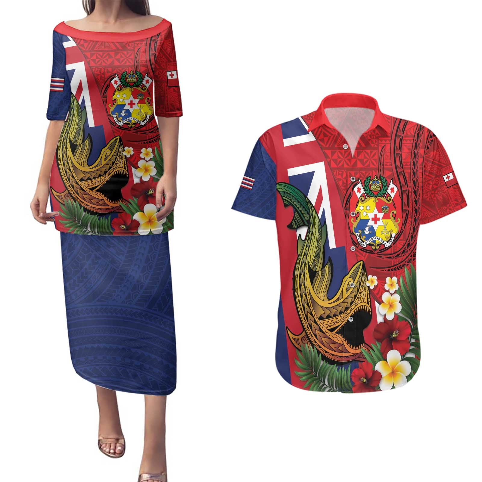 Hawaii And Tonga Couples Matching Puletasi and Hawaiian Shirt Shark Tattoo With Tongan Coat Of Arms