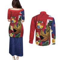 Hawaii And Tonga Couples Matching Puletasi and Long Sleeve Button Shirt Shark Tattoo With Tongan Coat Of Arms