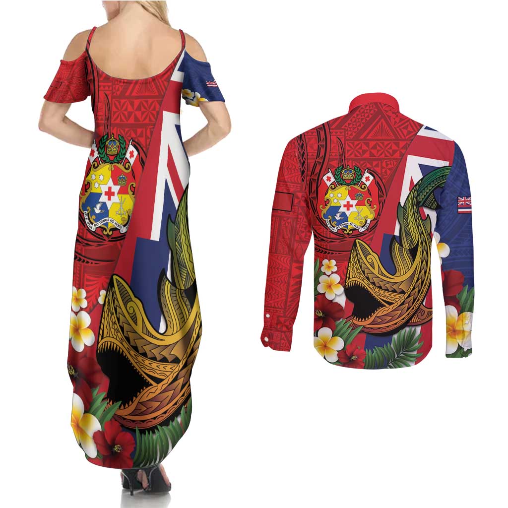 Hawaii And Tonga Couples Matching Summer Maxi Dress and Long Sleeve Button Shirt Shark Tattoo With Tongan Coat Of Arms