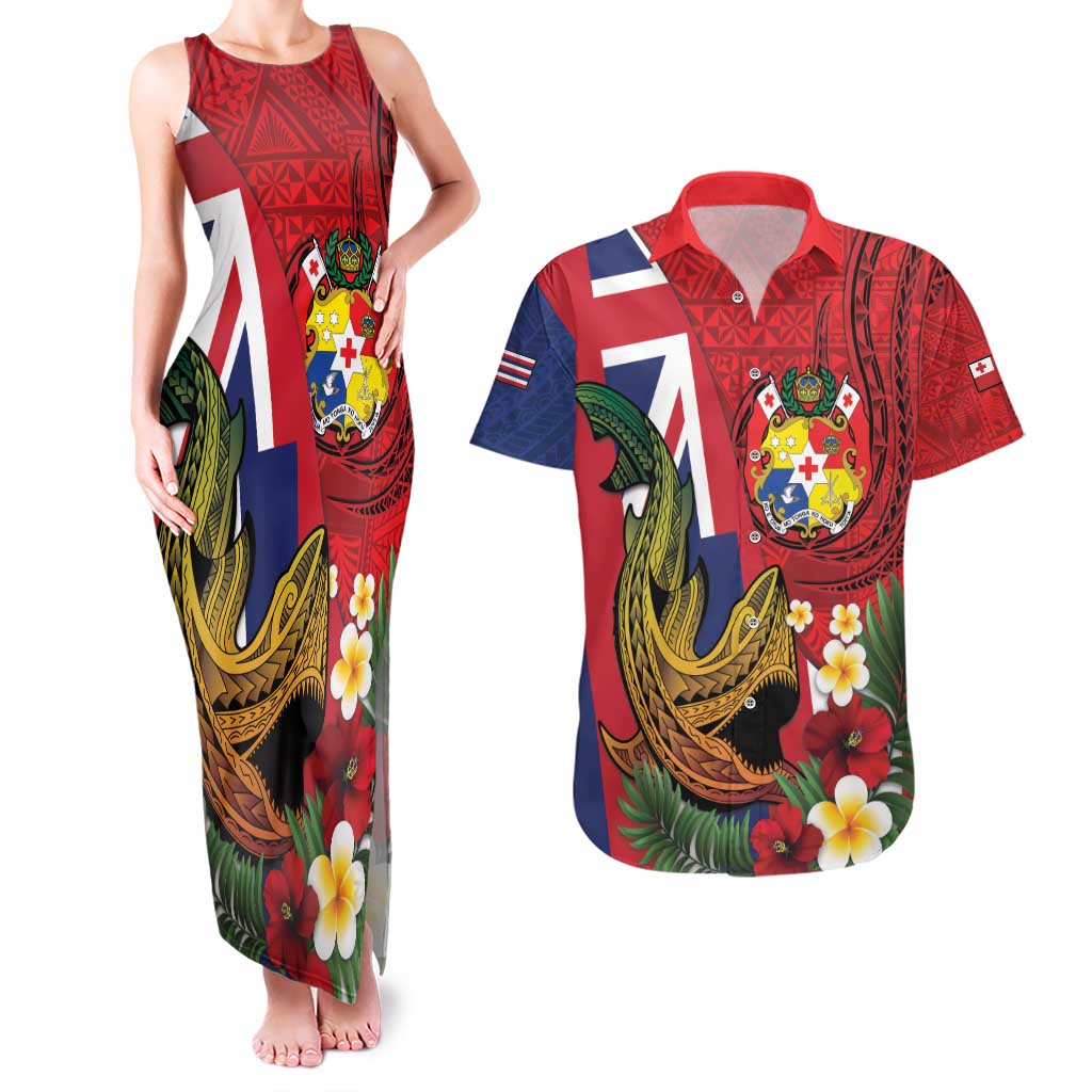 Hawaii And Tonga Couples Matching Tank Maxi Dress and Hawaiian Shirt Shark Tattoo With Tongan Coat Of Arms