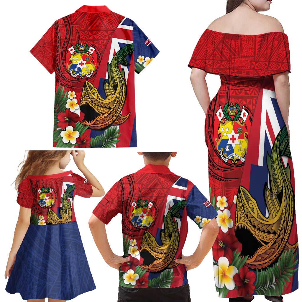 Hawaii And Tonga Family Matching Off Shoulder Maxi Dress and Hawaiian Shirt Shark Tattoo With Tongan Coat Of Arms