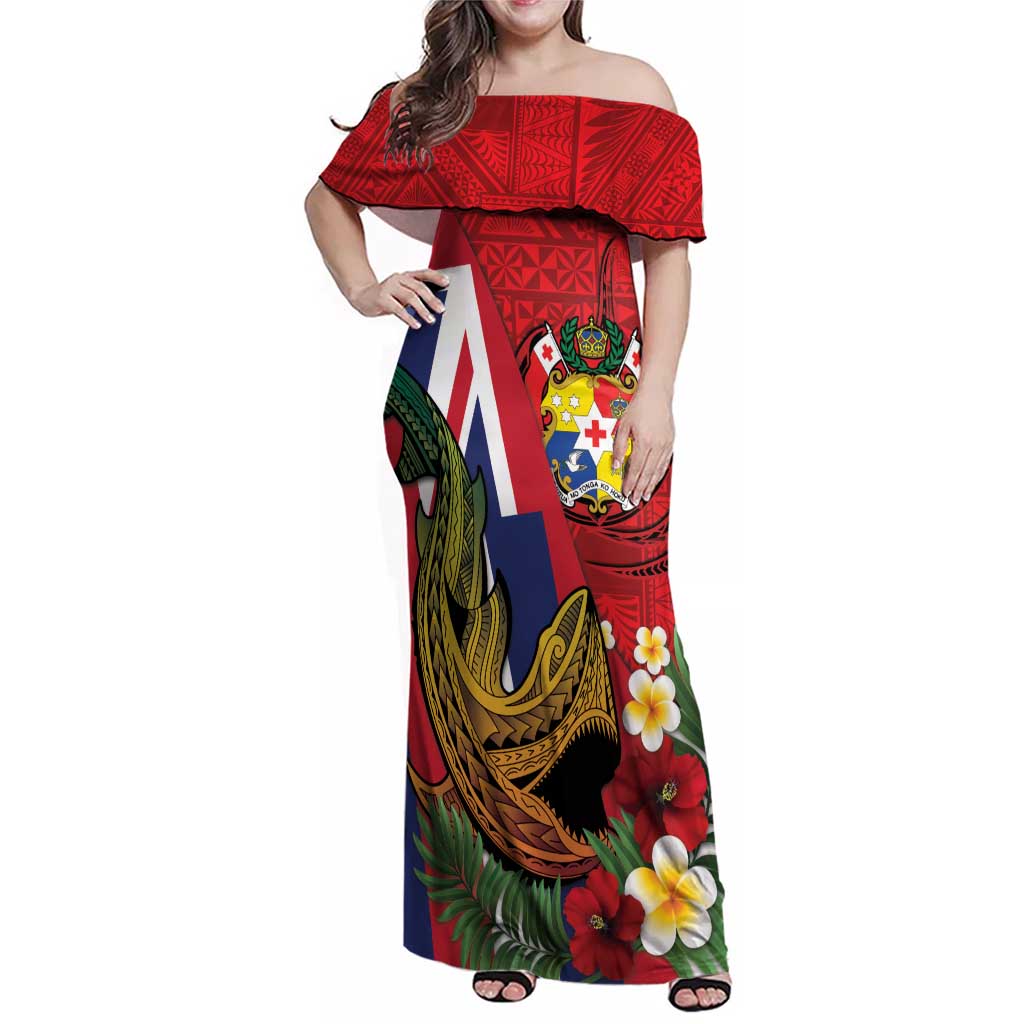 Hawaii And Tonga Family Matching Off Shoulder Maxi Dress and Hawaiian Shirt Shark Tattoo With Tongan Coat Of Arms