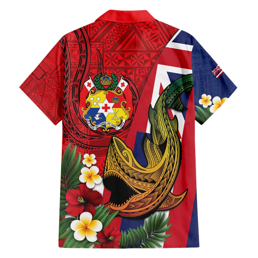 Hawaii And Tonga Family Matching Short Sleeve Bodycon Dress and Hawaiian Shirt Shark Tattoo With Tongan Coat Of Arms
