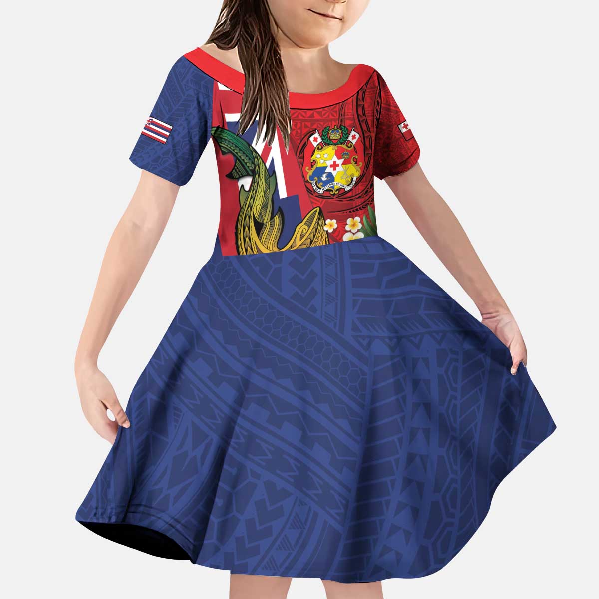 Hawaii And Tonga Kid Short Sleeve Dress Shark Tattoo With Tongan Coat Of Arms