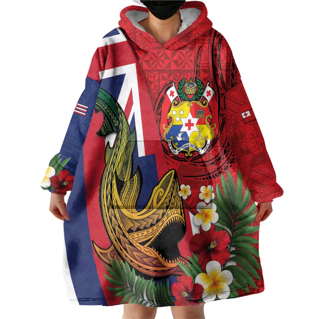 Hawaii And Tonga Wearable Blanket Hoodie Shark Tattoo With Tongan Coat Of Arms LT14 - Polynesian Pride