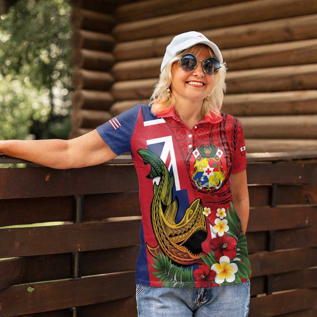 Hawaii And Tonga Women Polo Shirt Shark Tattoo With Tongan Coat Of Arms