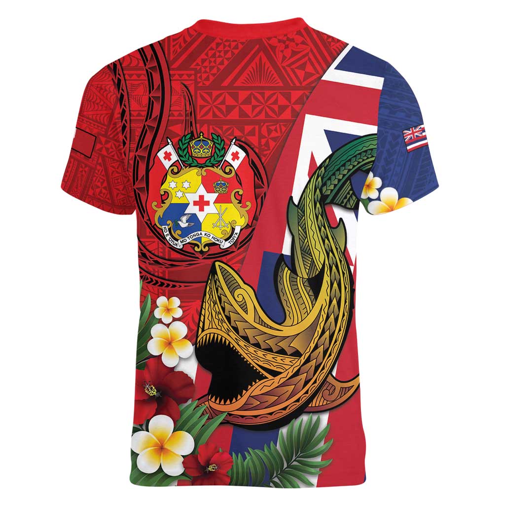 Hawaii And Tonga Women V-Neck T-Shirt Shark Tattoo With Tongan Coat Of Arms