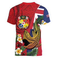 Hawaii And Tonga Women V-Neck T-Shirt Shark Tattoo With Tongan Coat Of Arms