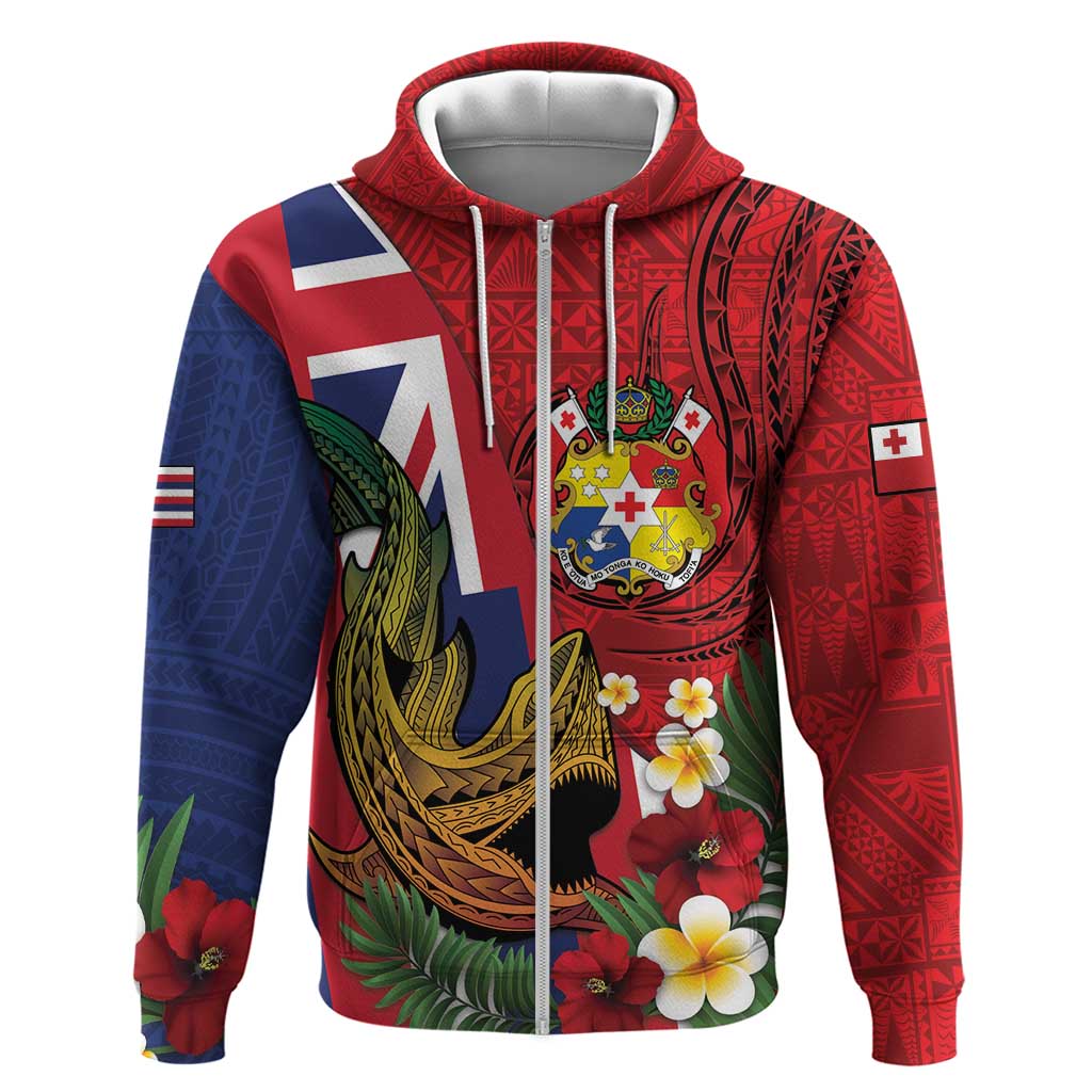 Hawaii And Tonga Zip Hoodie Shark Tattoo With Tongan Coat Of Arms