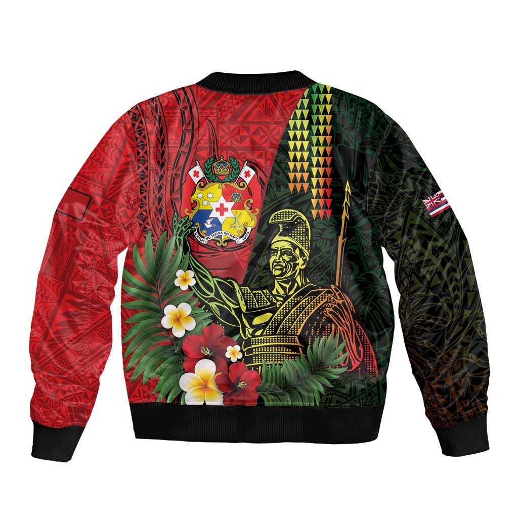 Hawaii And Tonga Bomber Jacket King Kamehameha Tribal Ngatu Pattern