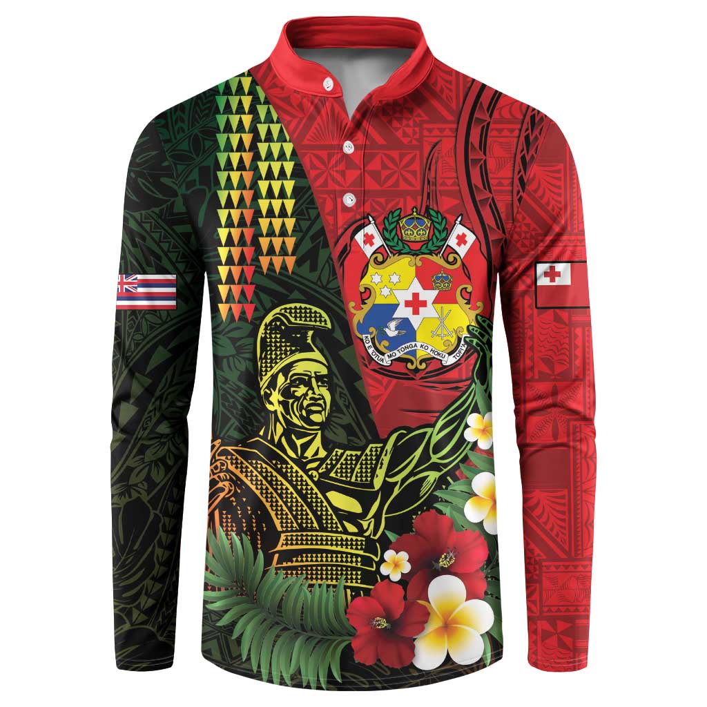 Hawaii And Tonga Button Sweatshirt King Kamehameha Tribal Ngatu Pattern