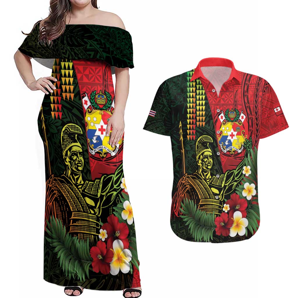Hawaii And Tonga Couples Matching Off Shoulder Maxi Dress and Hawaiian Shirt King Kamehameha Tribal Ngatu Pattern
