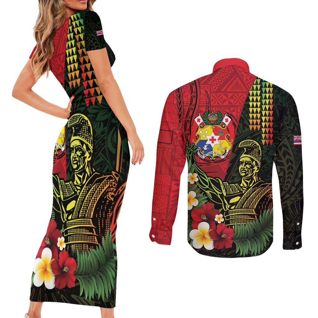 Hawaii And Tonga Couples Matching Short Sleeve Bodycon Dress and Long Sleeve Button Shirt King Kamehameha Tribal Ngatu Pattern