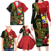 Hawaii And Tonga Family Matching Long Sleeve Bodycon Dress and Hawaiian Shirt King Kamehameha Tribal Ngatu Pattern