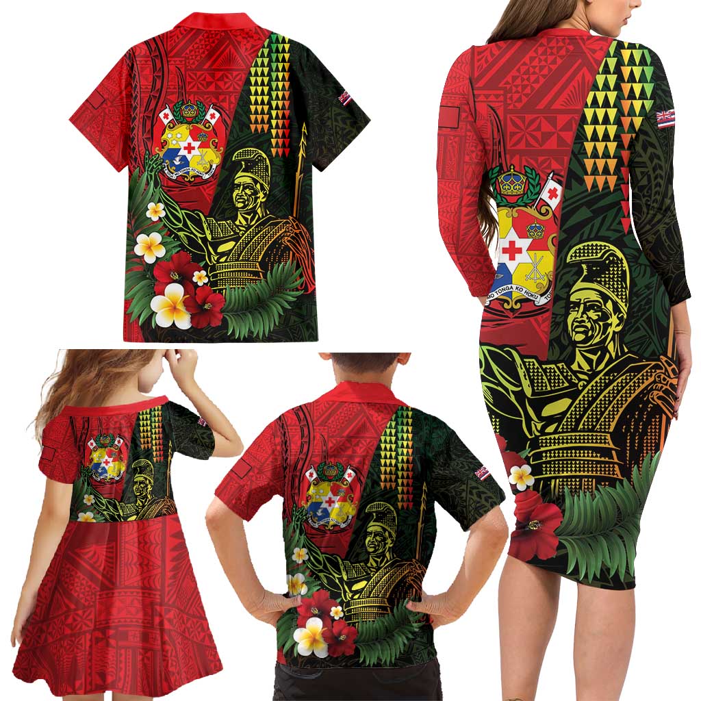 Hawaii And Tonga Family Matching Long Sleeve Bodycon Dress and Hawaiian Shirt King Kamehameha Tribal Ngatu Pattern