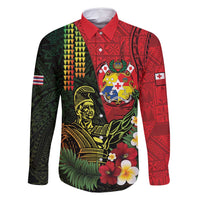 Hawaii And Tonga Family Matching Long Sleeve Bodycon Dress and Hawaiian Shirt King Kamehameha Tribal Ngatu Pattern