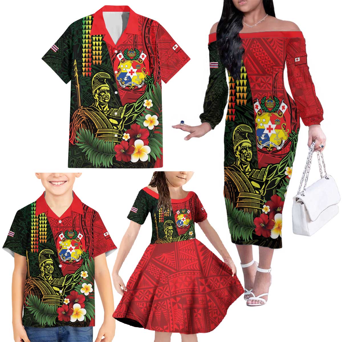 Hawaii And Tonga Family Matching Off The Shoulder Long Sleeve Dress and Hawaiian Shirt King Kamehameha Tribal Ngatu Pattern