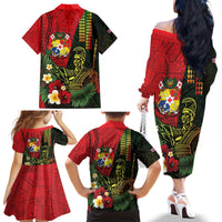 Hawaii And Tonga Family Matching Off The Shoulder Long Sleeve Dress and Hawaiian Shirt King Kamehameha Tribal Ngatu Pattern