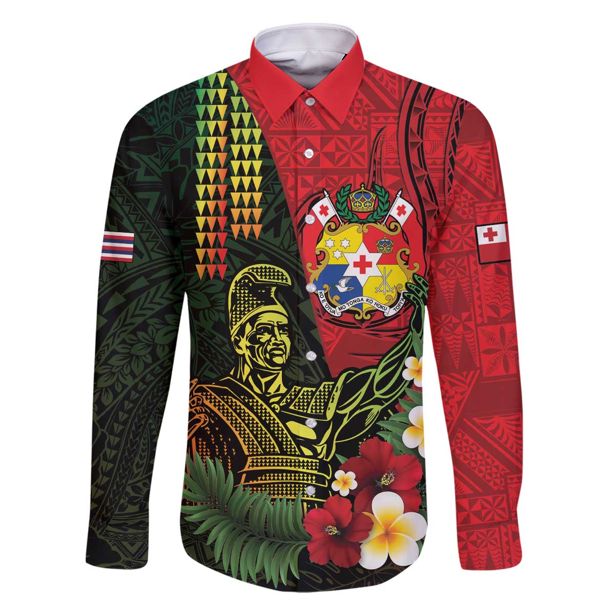 Hawaii And Tonga Family Matching Off The Shoulder Long Sleeve Dress and Hawaiian Shirt King Kamehameha Tribal Ngatu Pattern