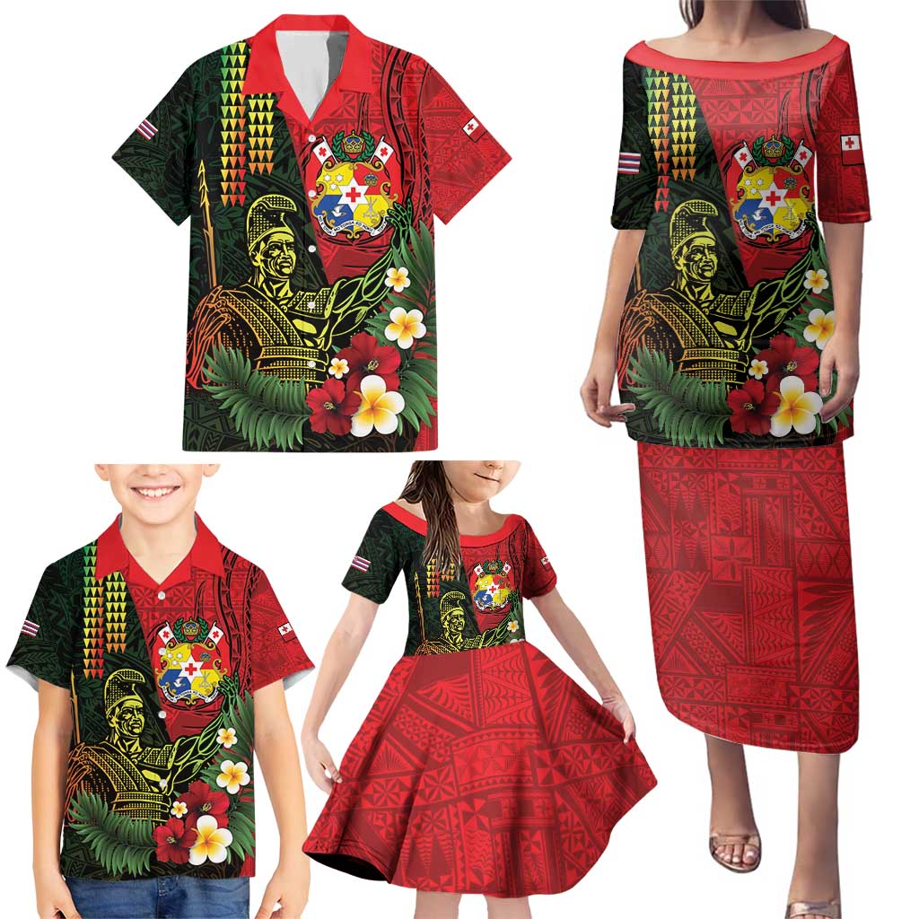 Hawaii And Tonga Family Matching Puletasi and Hawaiian Shirt King Kamehameha Tribal Ngatu Pattern