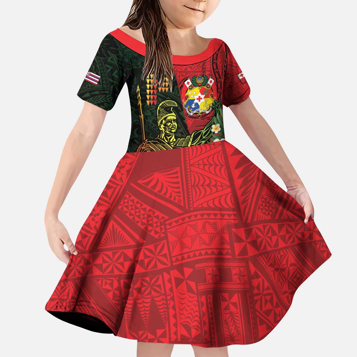 Hawaii And Tonga Kid Short Sleeve Dress King Kamehameha Tribal Ngatu Pattern