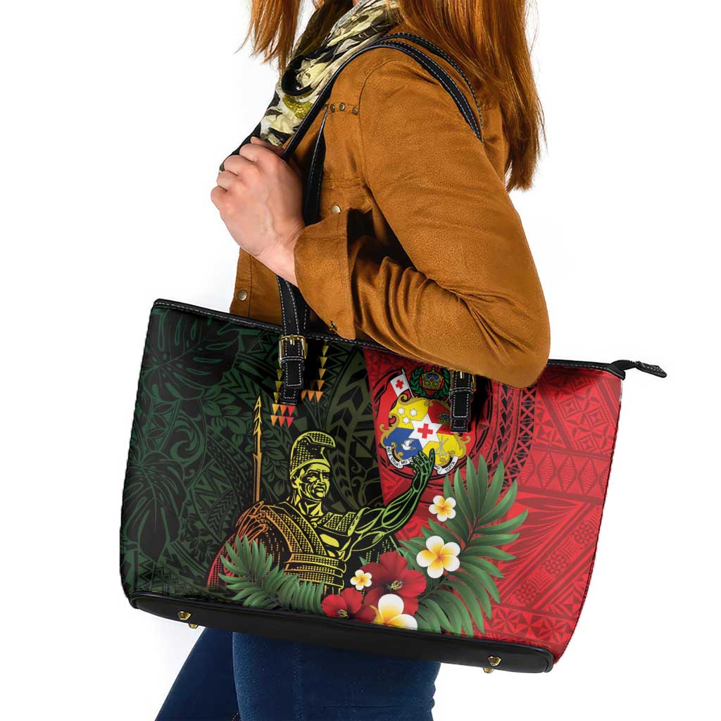 Hawaii And Tonga Leather Tote Bag King Kamehameha Tribal Ngatu Pattern