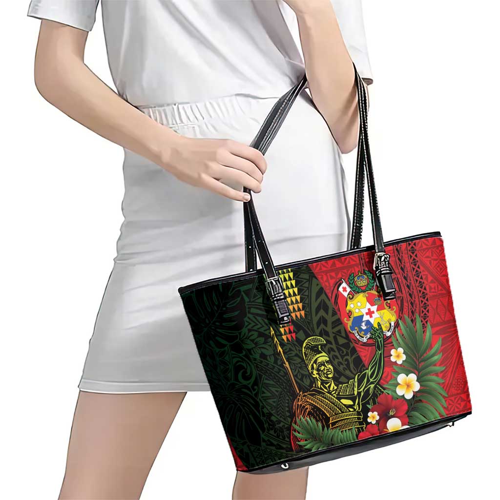 Hawaii And Tonga Leather Tote Bag King Kamehameha Tribal Ngatu Pattern