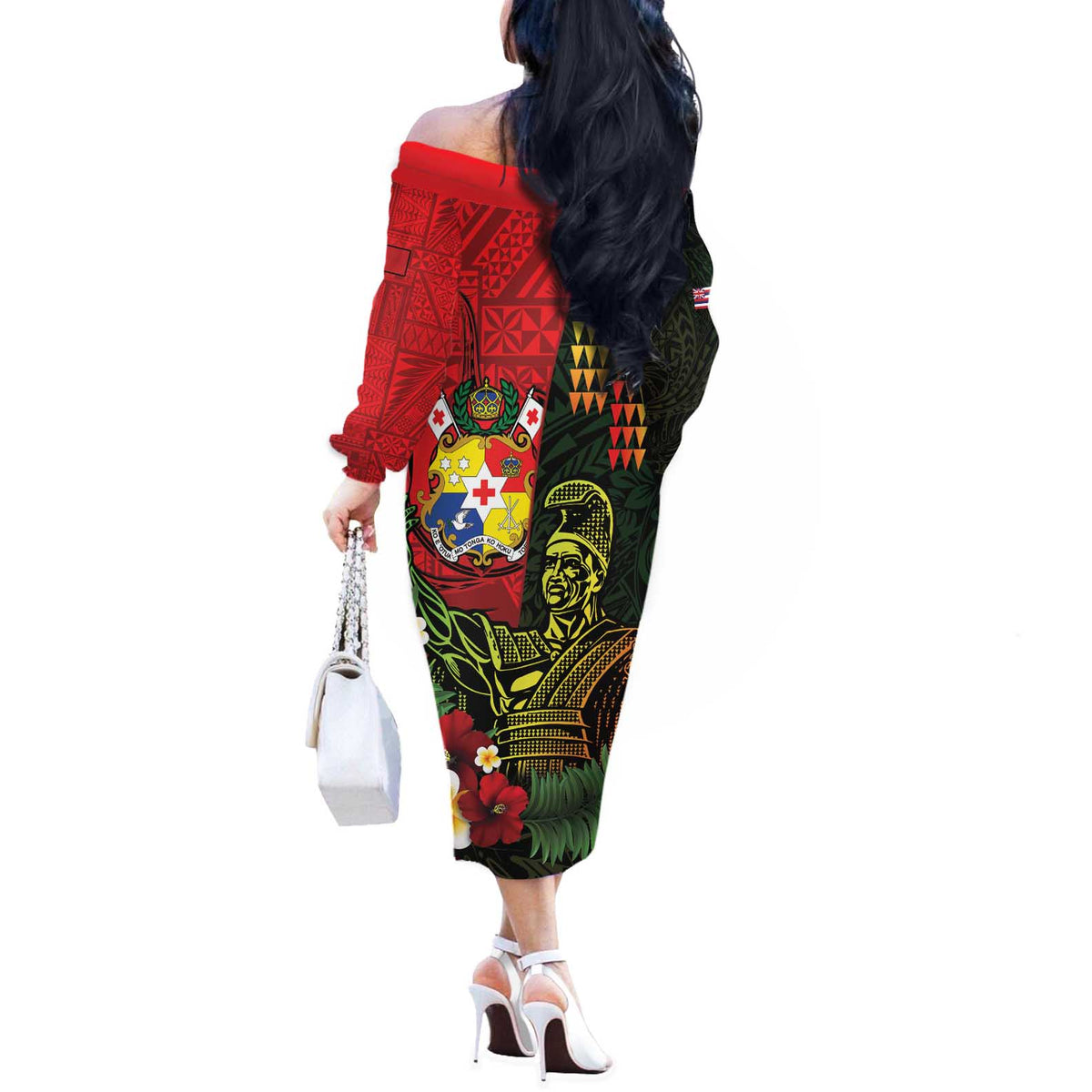 Hawaii And Tonga Off The Shoulder Long Sleeve Dress King Kamehameha Tribal Ngatu Pattern
