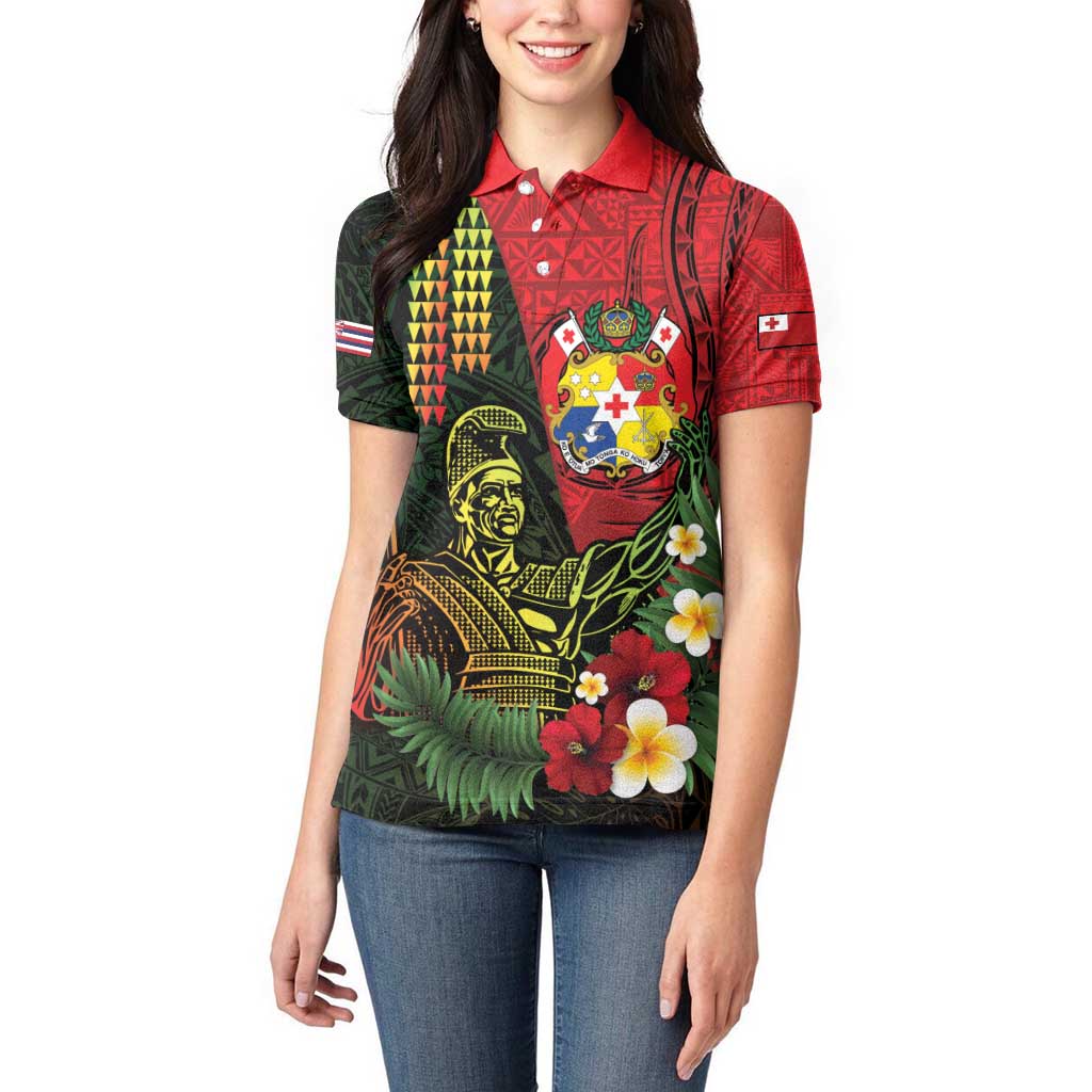 Hawaii And Tonga Women Polo Shirt King Kamehameha Tribal Ngatu Pattern