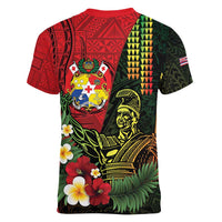 Hawaii And Tonga Women V-Neck T-Shirt King Kamehameha Tribal Ngatu Pattern