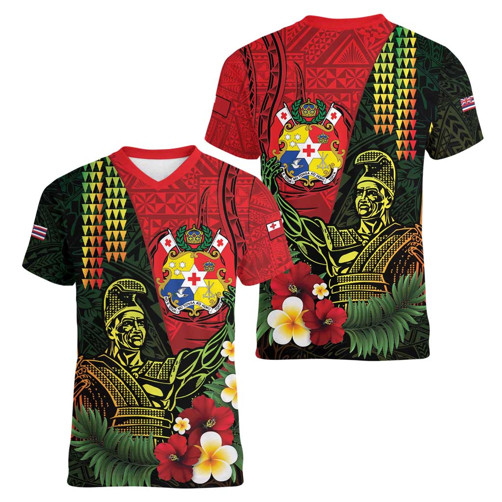 Hawaii And Tonga Women V-Neck T-Shirt King Kamehameha Tribal Ngatu Pattern