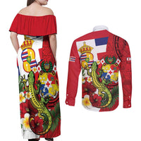 Hawaii And Tonga Couples Matching Off Shoulder Maxi Dress and Long Sleeve Button Shirt King Kalakaua Tribal Gecko Tongan Ngatu