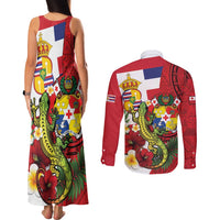 Hawaii And Tonga Couples Matching Tank Maxi Dress and Long Sleeve Button Shirt King Kalakaua Tribal Gecko Tongan Ngatu