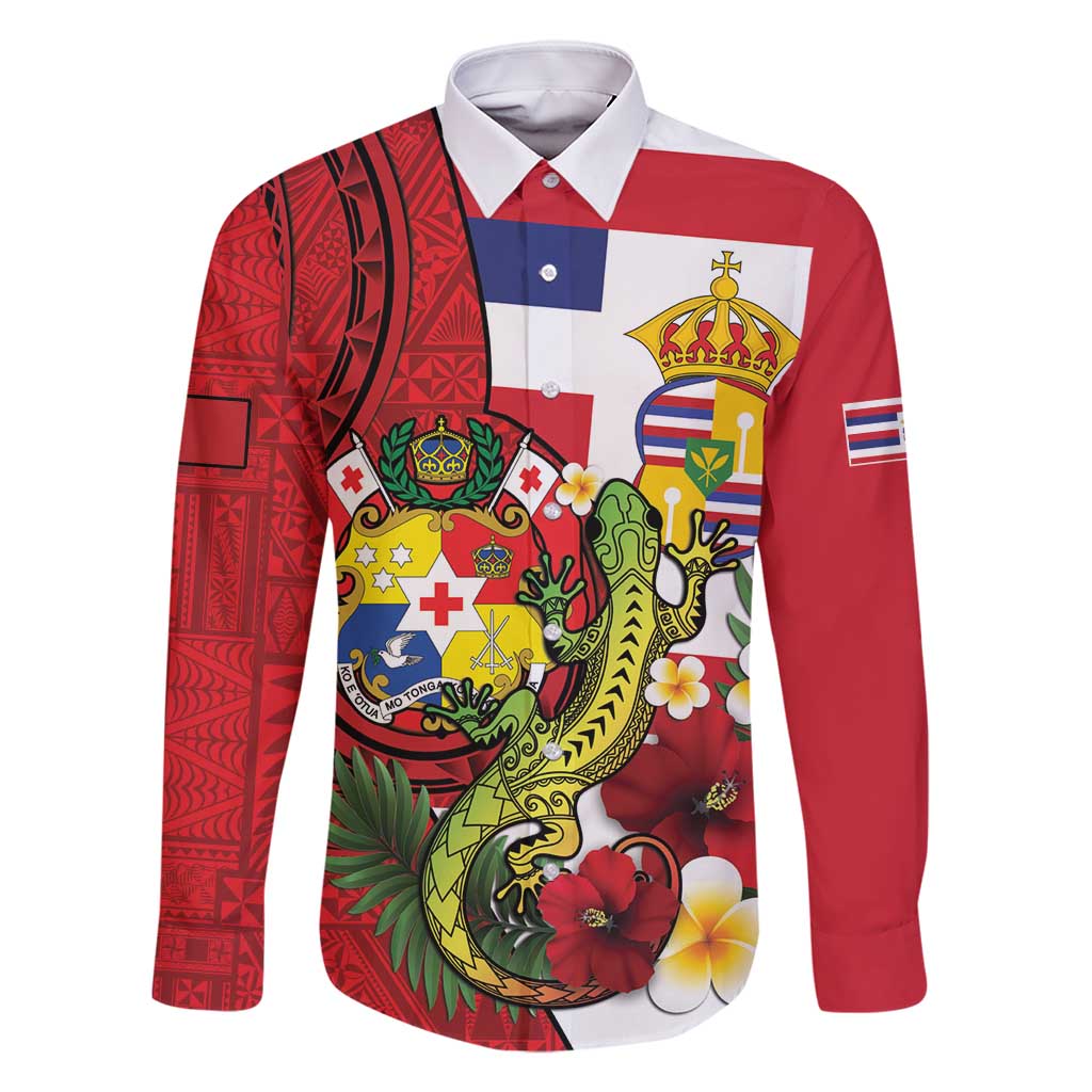 Hawaii And Tonga Family Matching Long Sleeve Bodycon Dress and Hawaiian Shirt King Kalakaua Tribal Gecko Tongan Ngatu
