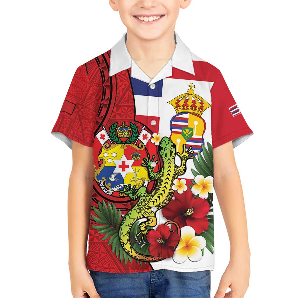 Hawaii And Tonga Family Matching Long Sleeve Bodycon Dress and Hawaiian Shirt King Kalakaua Tribal Gecko Tongan Ngatu