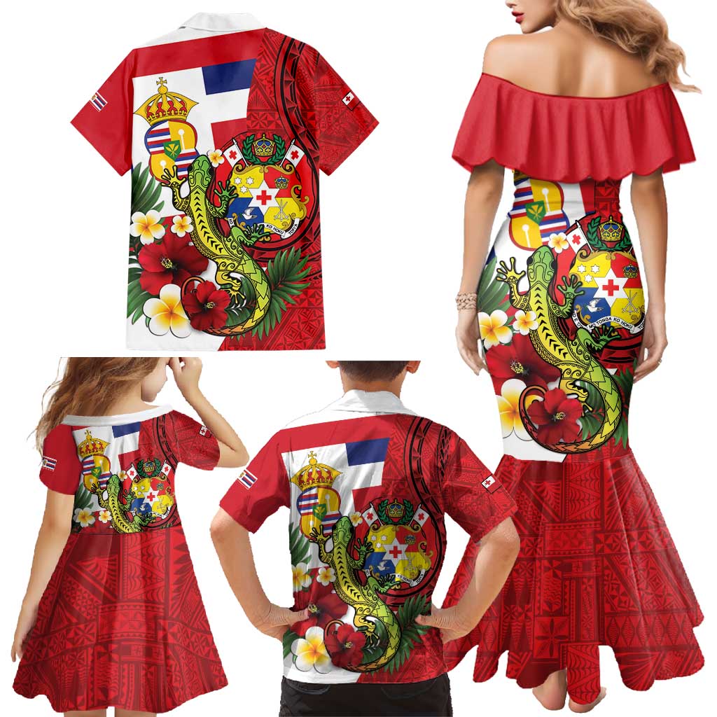 Hawaii And Tonga Family Matching Mermaid Dress and Hawaiian Shirt King Kalakaua Tribal Gecko Tongan Ngatu