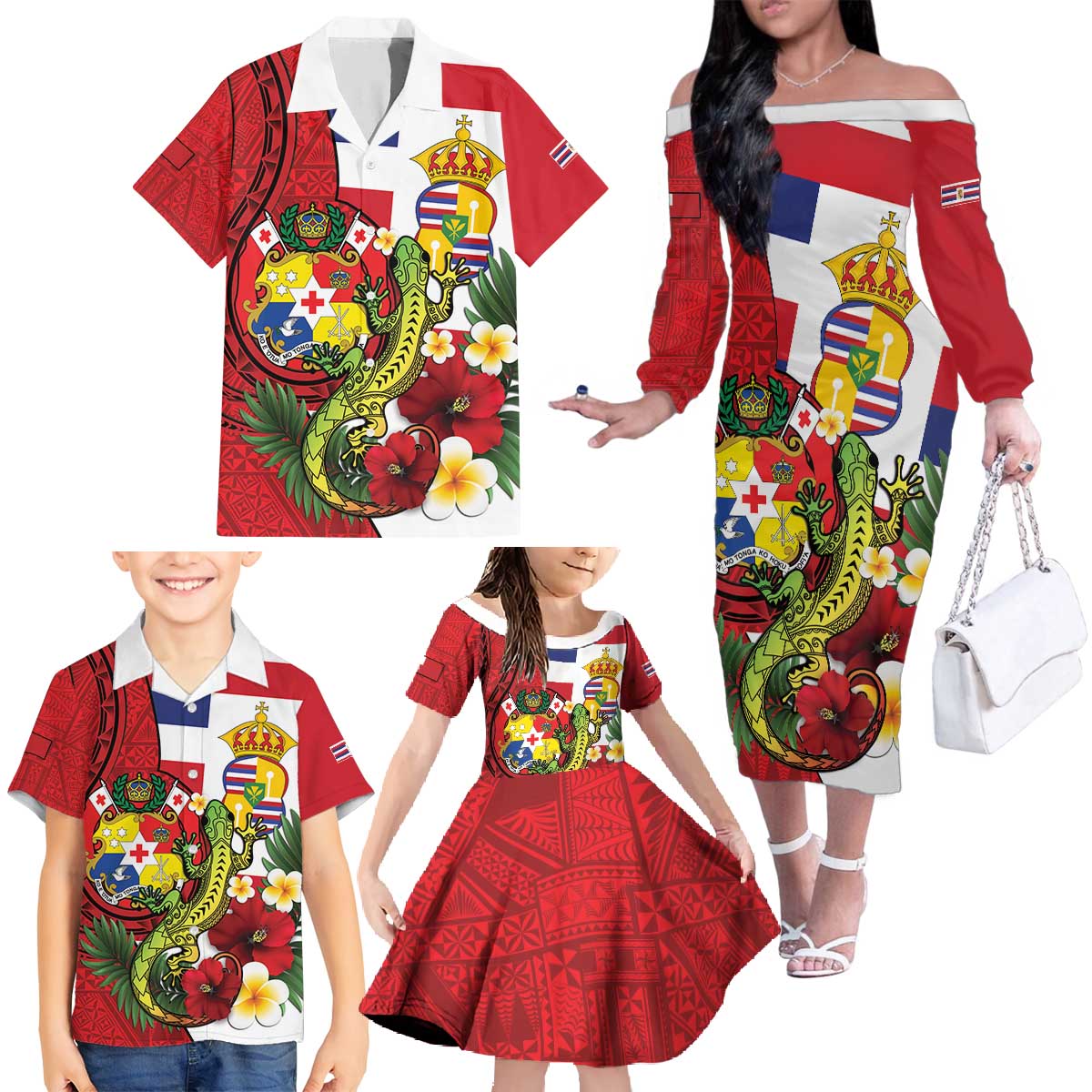 Hawaii And Tonga Family Matching Off The Shoulder Long Sleeve Dress and Hawaiian Shirt King Kalakaua Tribal Gecko Tongan Ngatu