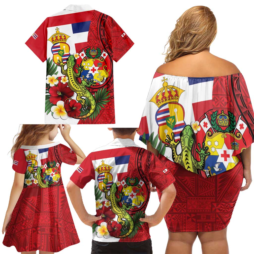 Hawaii And Tonga Family Matching Off Shoulder Short Dress and Hawaiian Shirt King Kalakaua Tribal Gecko Tongan Ngatu