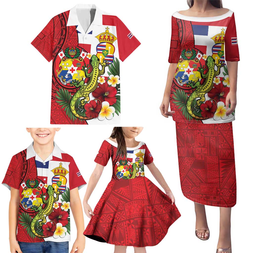Hawaii And Tonga Family Matching Puletasi and Hawaiian Shirt King Kalakaua Tribal Gecko Tongan Ngatu