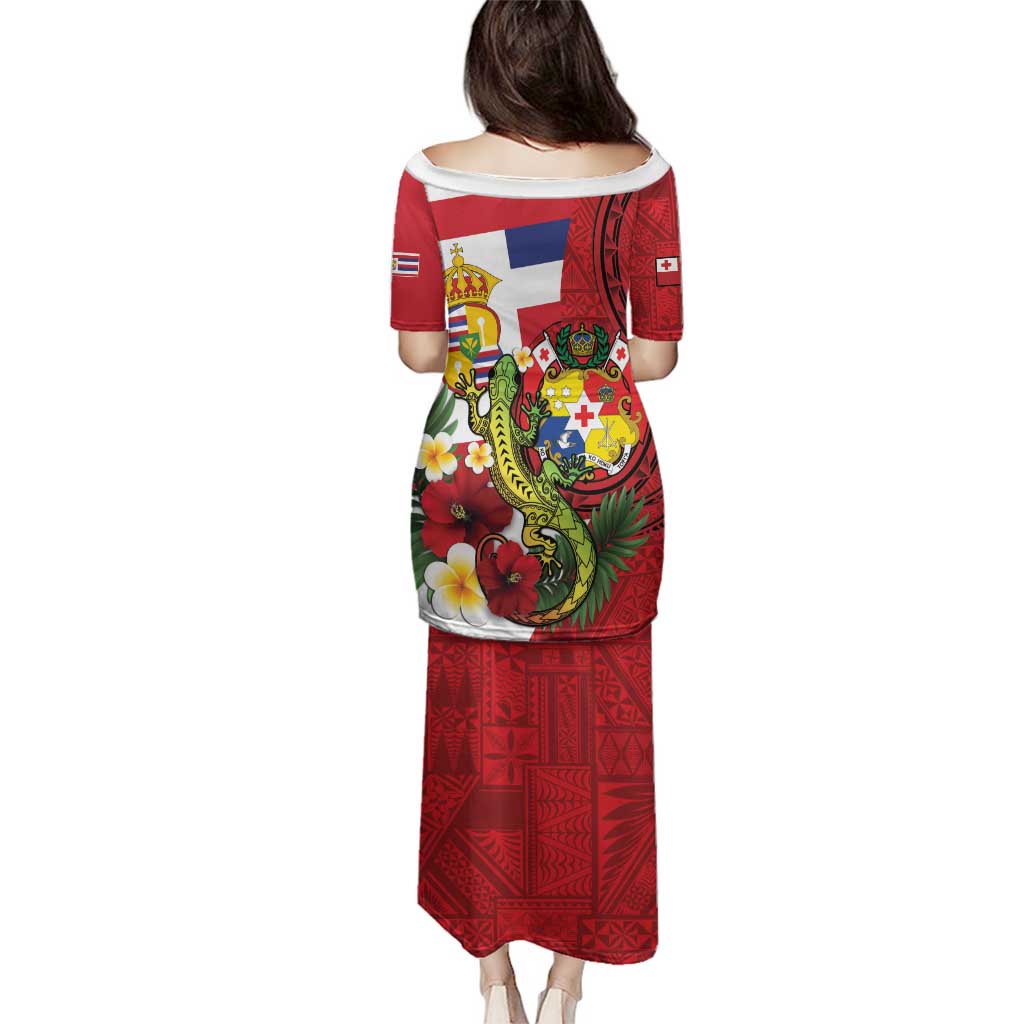 Hawaii And Tonga Family Matching Puletasi and Hawaiian Shirt King Kalakaua Tribal Gecko Tongan Ngatu