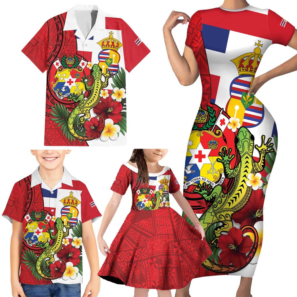 Hawaii And Tonga Family Matching Short Sleeve Bodycon Dress and Hawaiian Shirt King Kalakaua Tribal Gecko Tongan Ngatu