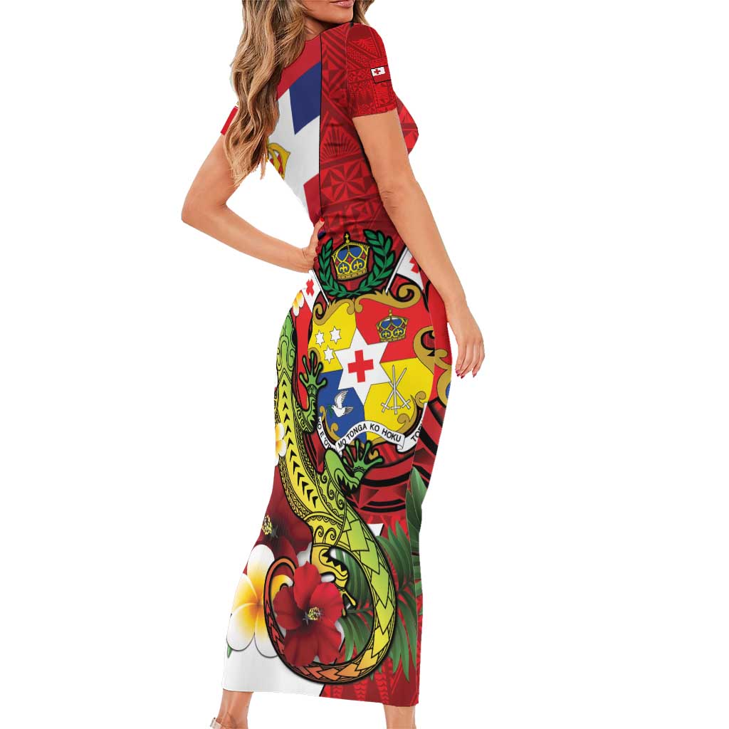 Hawaii And Tonga Family Matching Short Sleeve Bodycon Dress and Hawaiian Shirt King Kalakaua Tribal Gecko Tongan Ngatu