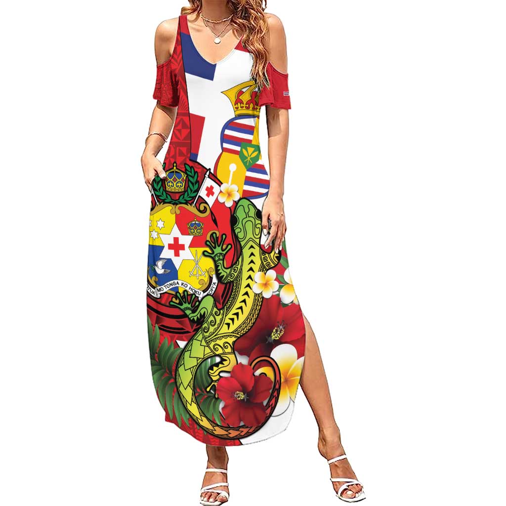 Hawaii And Tonga Family Matching Summer Maxi Dress and Hawaiian Shirt King Kalakaua Tribal Gecko Tongan Ngatu