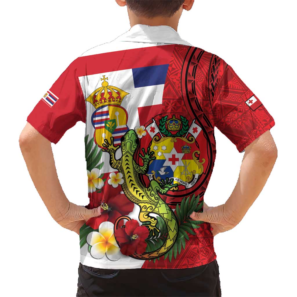 Hawaii And Tonga Kid Hawaiian Shirt King Kalakaua Tribal Gecko Tongan Ngatu